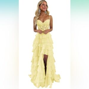 Elegant Yellow Lace Tiered Dress Size 12